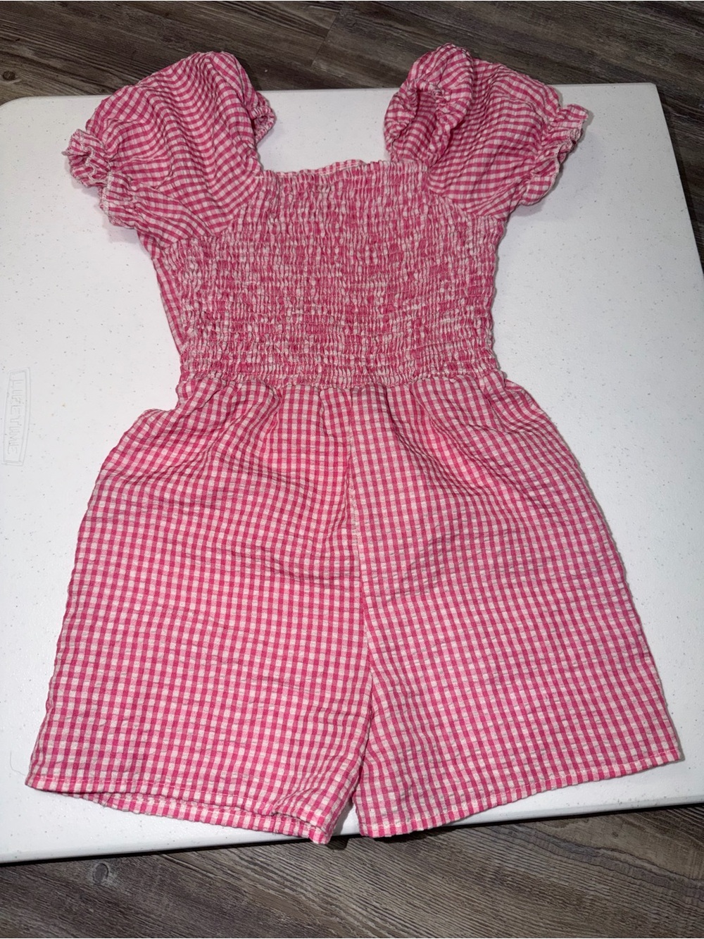 SHEIN Pink Gingham Smocked Puff-Sleeve Romper